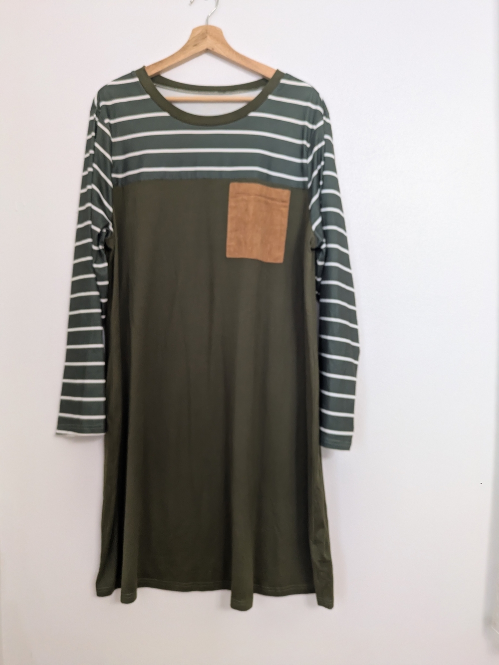 Olive Green Striped Midi Dress with Tan Pocket